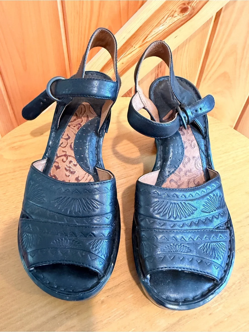 Born Black Embossed Leather Wedge Sandals